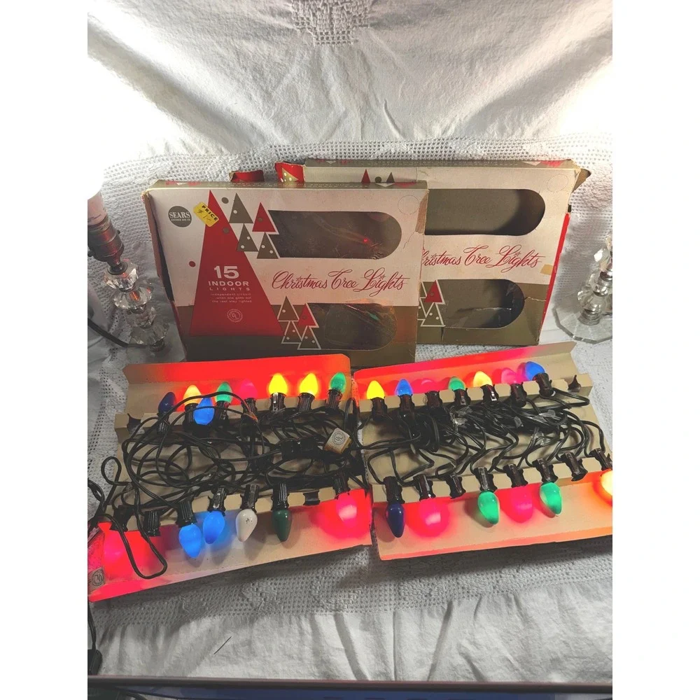 Vintage Sears 15 Indoor Christmas Tree Lights 2 Sets Working Extra Bulbs Boxes